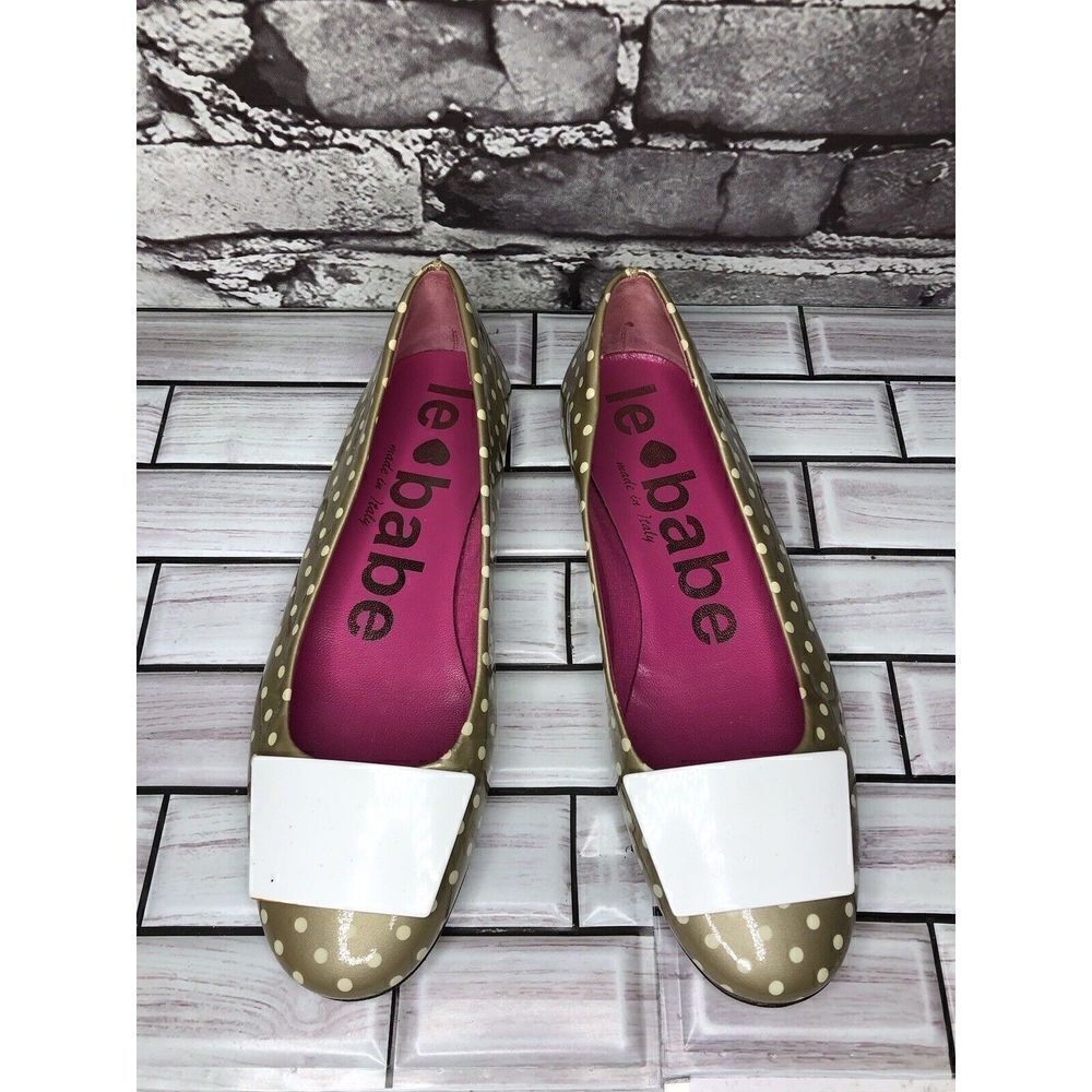 Le babe Taupe Patent Leather Polka Dot Bow Ballet Flats Shoes Women Sz 36.5EU/6M